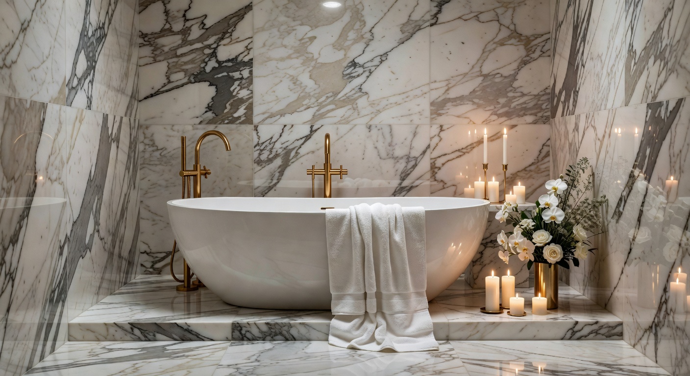 Baño de lujo con mármol y accesorios premium de la colección Room