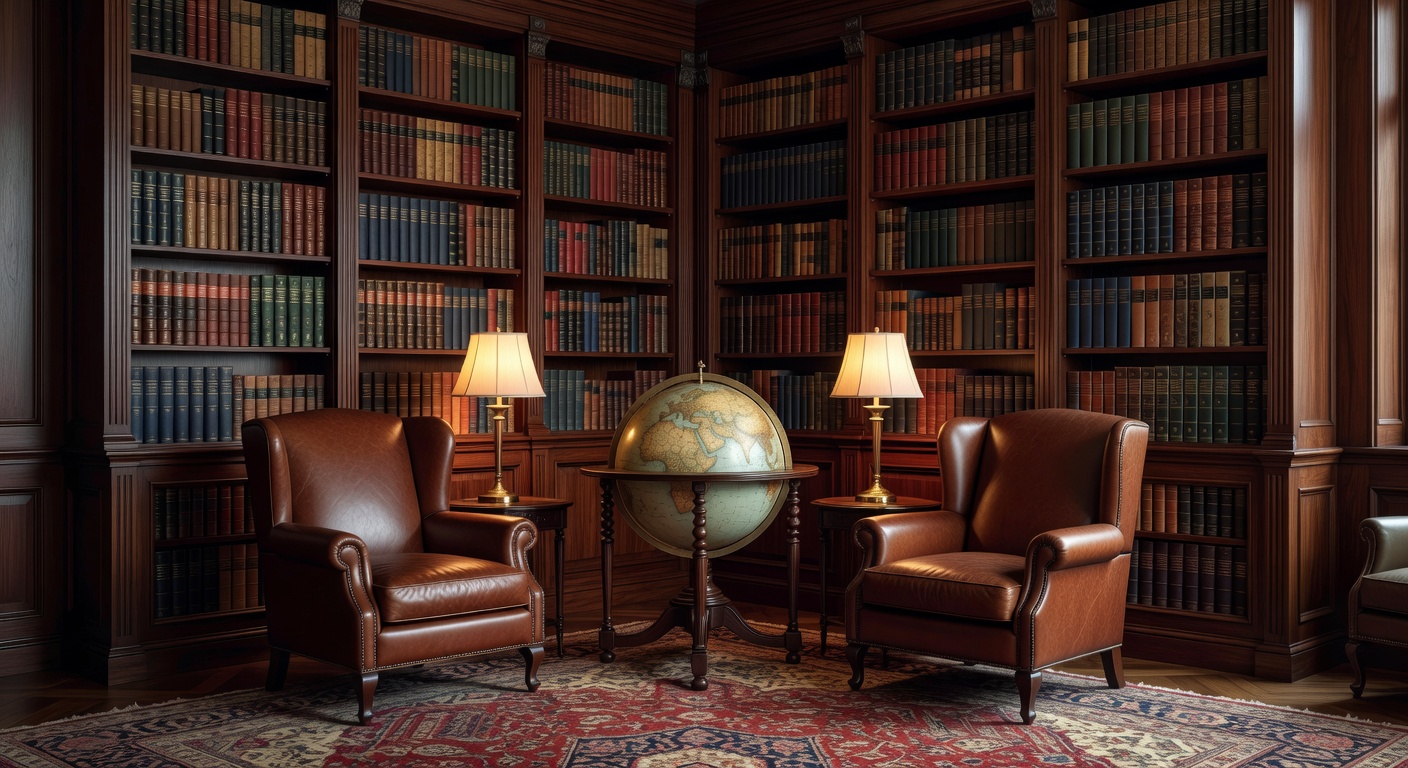 Biblioteca sofisticada con estanterías de roble y diseño editorial Room
