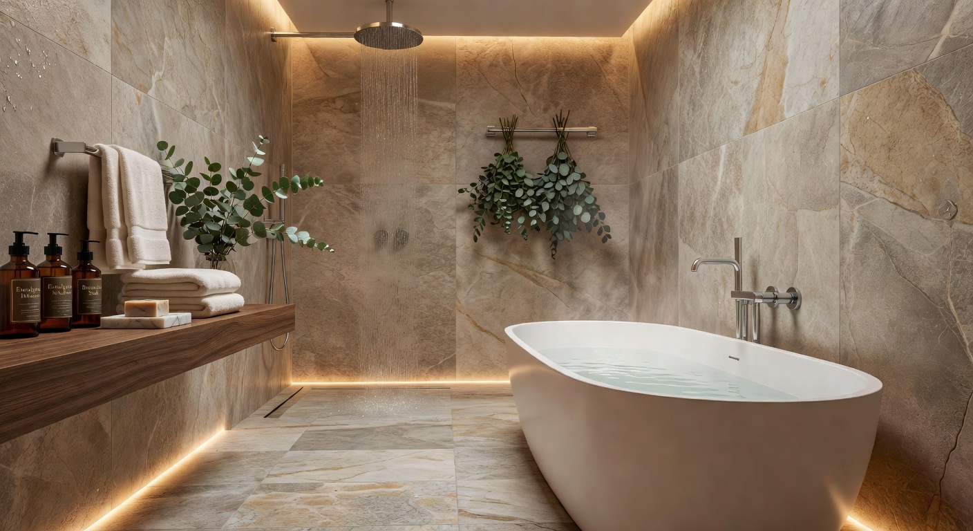 Baño spa con diseño minimalista y materiales naturales