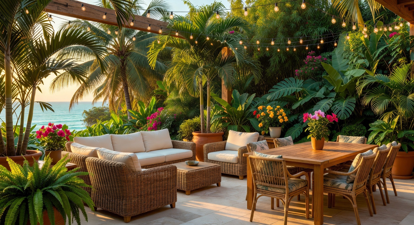 Patio exterior tropical con mobiliario de lujo